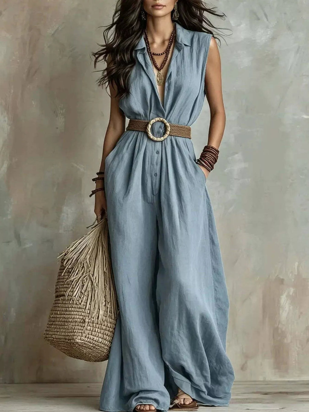 Plus size sleeveless wide leg jumpsuit by Trendsi, stylish and comfortable full-length jumpsuit with a sleeveless design.