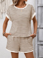 Striped casual round neck top and shorts set by Simply Love, featuring a comfortable, stylish matching outfit for everyday wear.