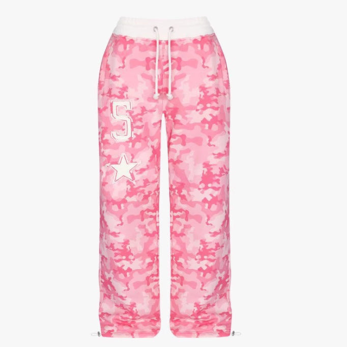 Style Pink Camouflage Print Casual Set High Street Hip-Hop Zipper Jacket with Tie Waist Pants