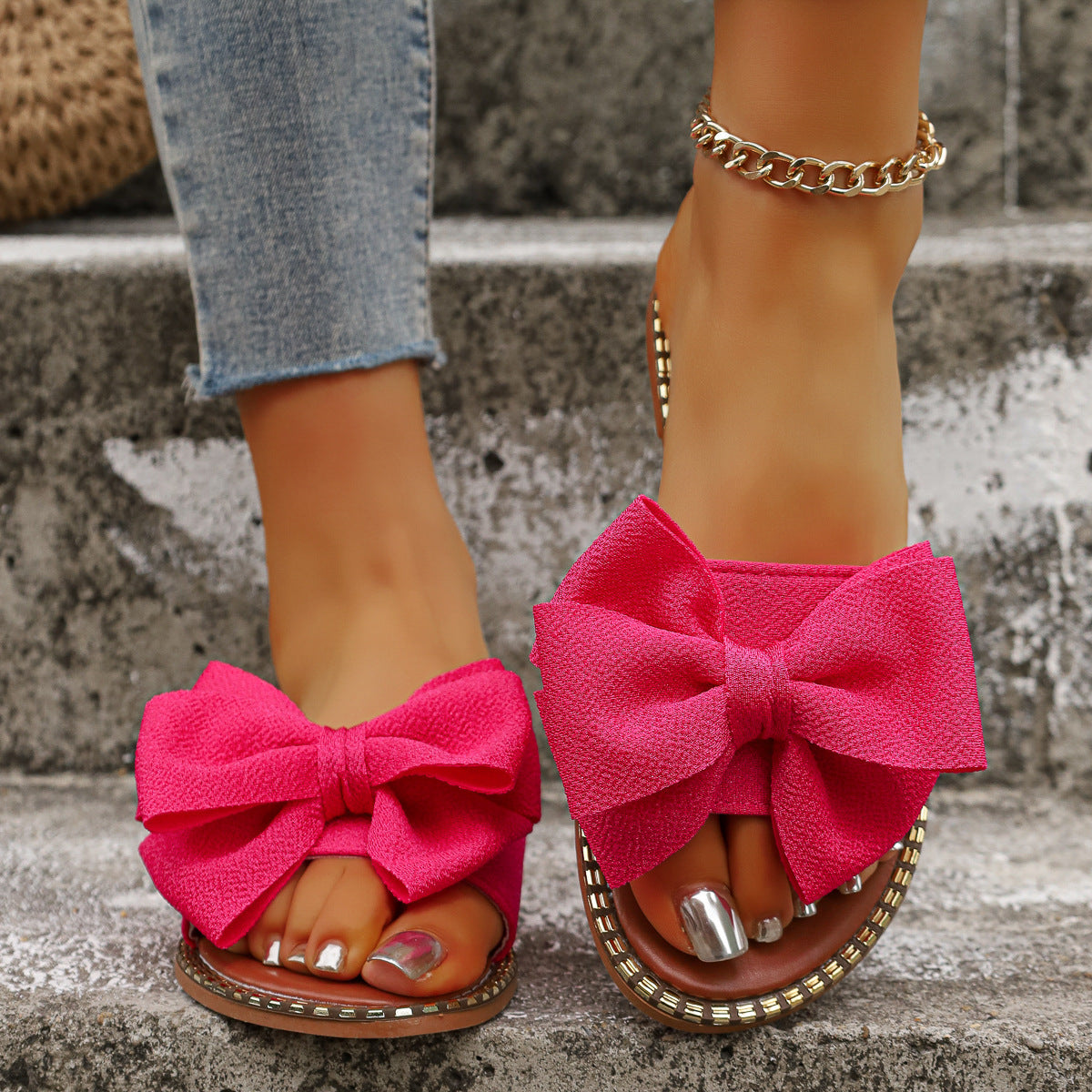 Shopimist bowknot embellished flat sandals with stylish design and open toe, ideal for casual summer wear.