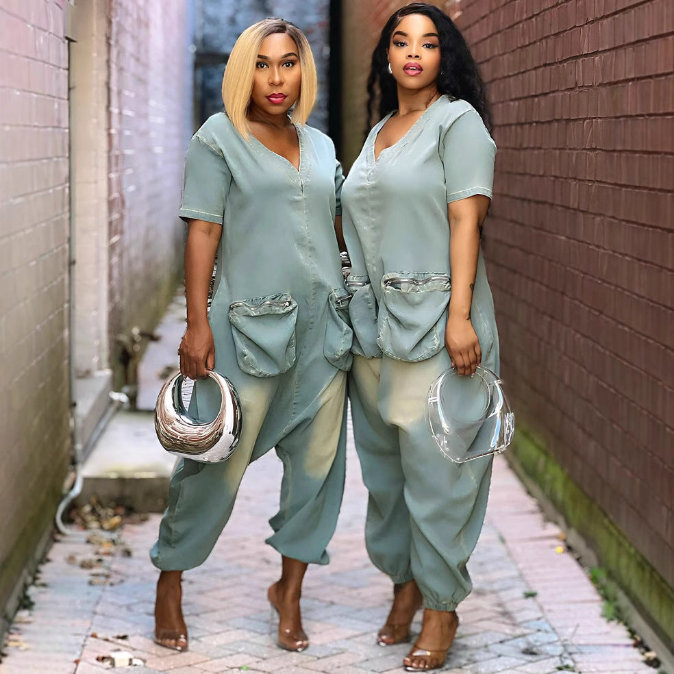 Women's Loose Fit Peacock Blue Washed Denim Overalls with Pockets