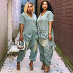 Women's Loose Fit Peacock Blue Washed Denim Overalls with Pockets