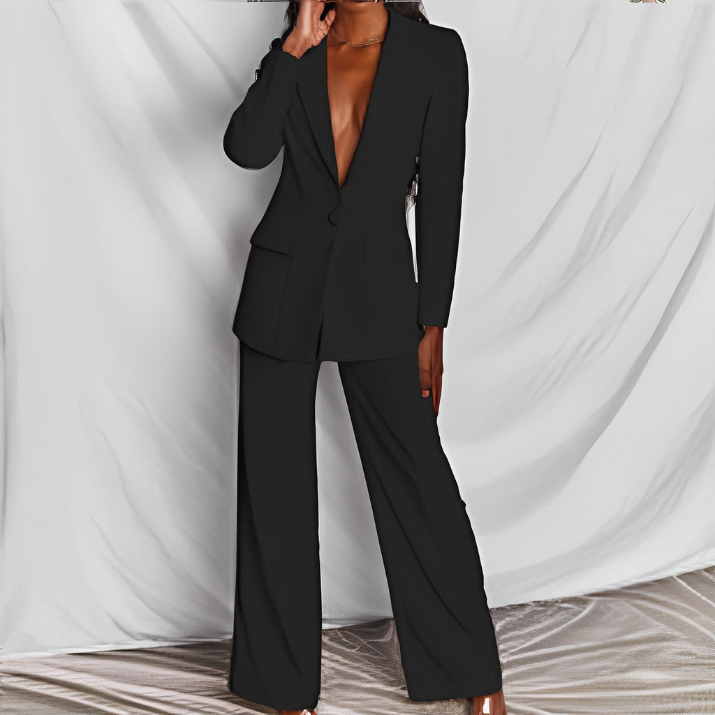 FitiqueFit lapel button-down blazer and straight-leg trousers two-piece suit, shown on a model in a professional setting