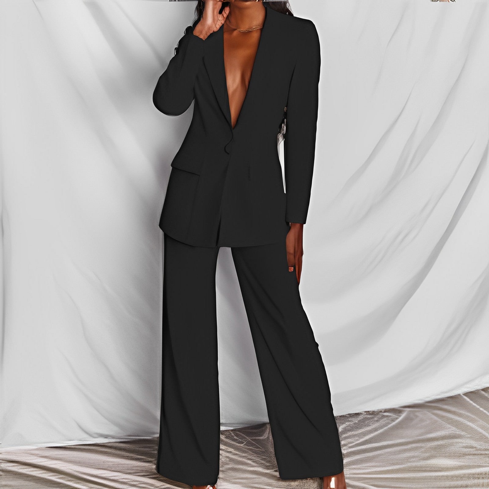 FitiqueFit lapel button-down blazer and straight-leg trousers two-piece suit, shown on a model in a professional setting