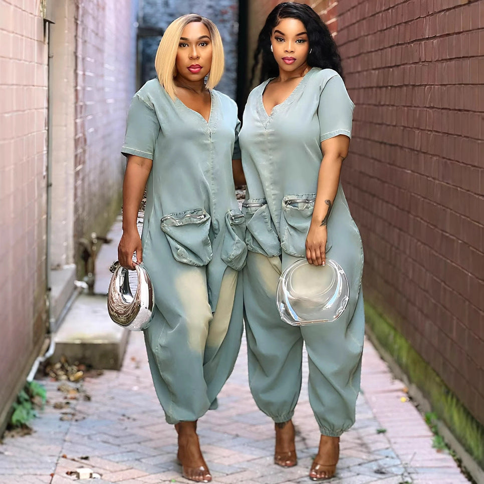 Women’s peacock blue loose-fit washed denim overalls with front and back pockets, stylish and comfortable from Plush Fashion Hub.