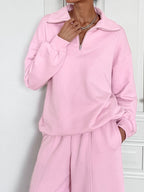 Women's quarter zip long sleeve loungewear set by Trendsi, stylish two-piece tracksuit with comfortable fit and cozy fabric.