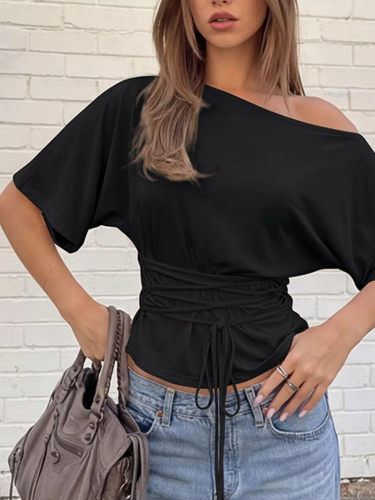 Plush Fashion Hub boat neck short sleeve T-shirt in black, casual top with a classic fit and soft fabric, perfect for everyday wear.
