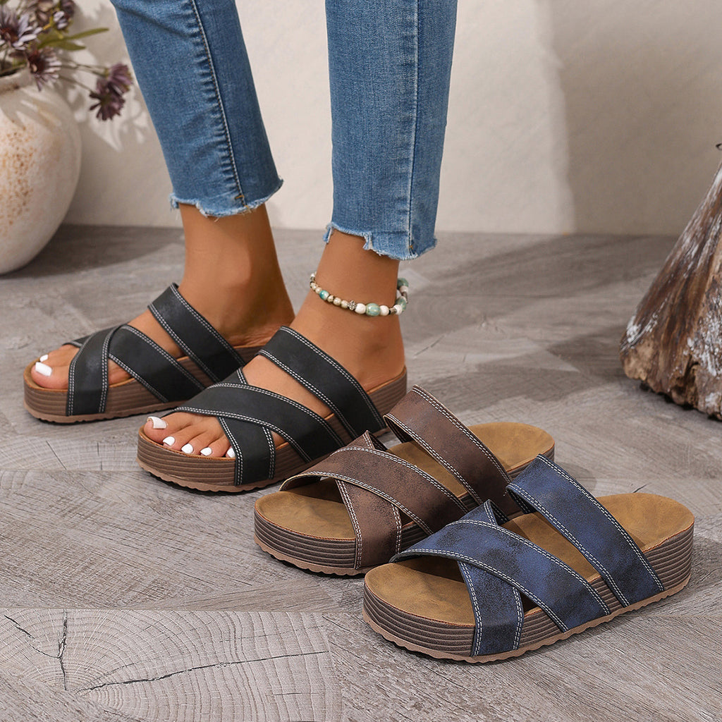 Women's open toe platform flat sandals by Trendsi, featuring comfortable PU leather and summer-ready design.