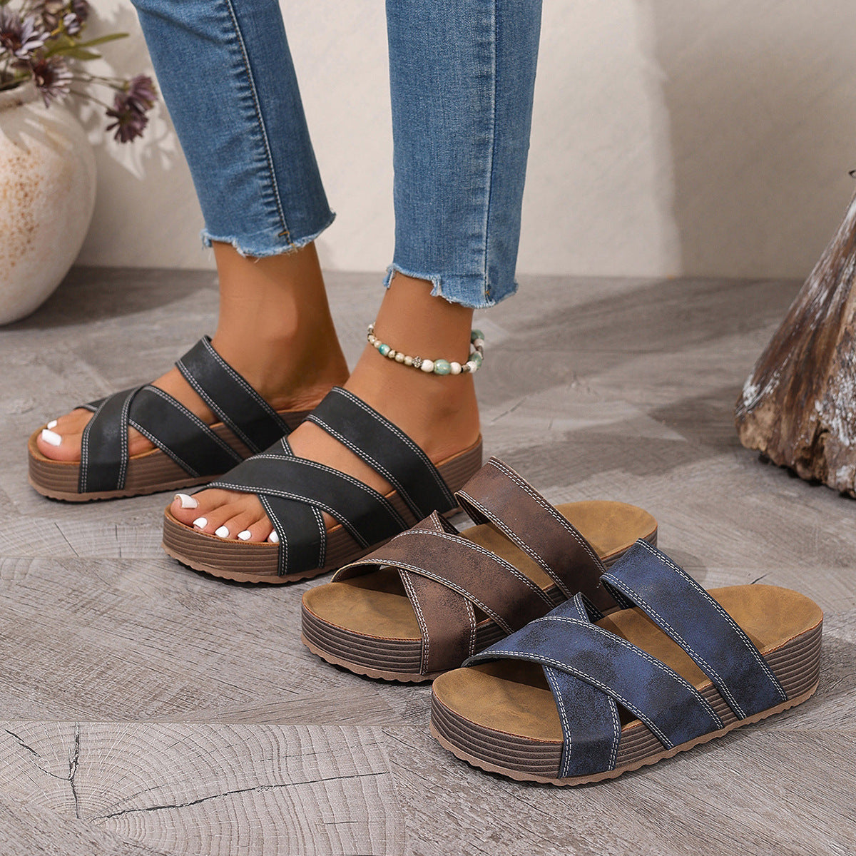 Women's open toe platform flat sandals by Trendsi, featuring comfortable PU leather and summer-ready design.