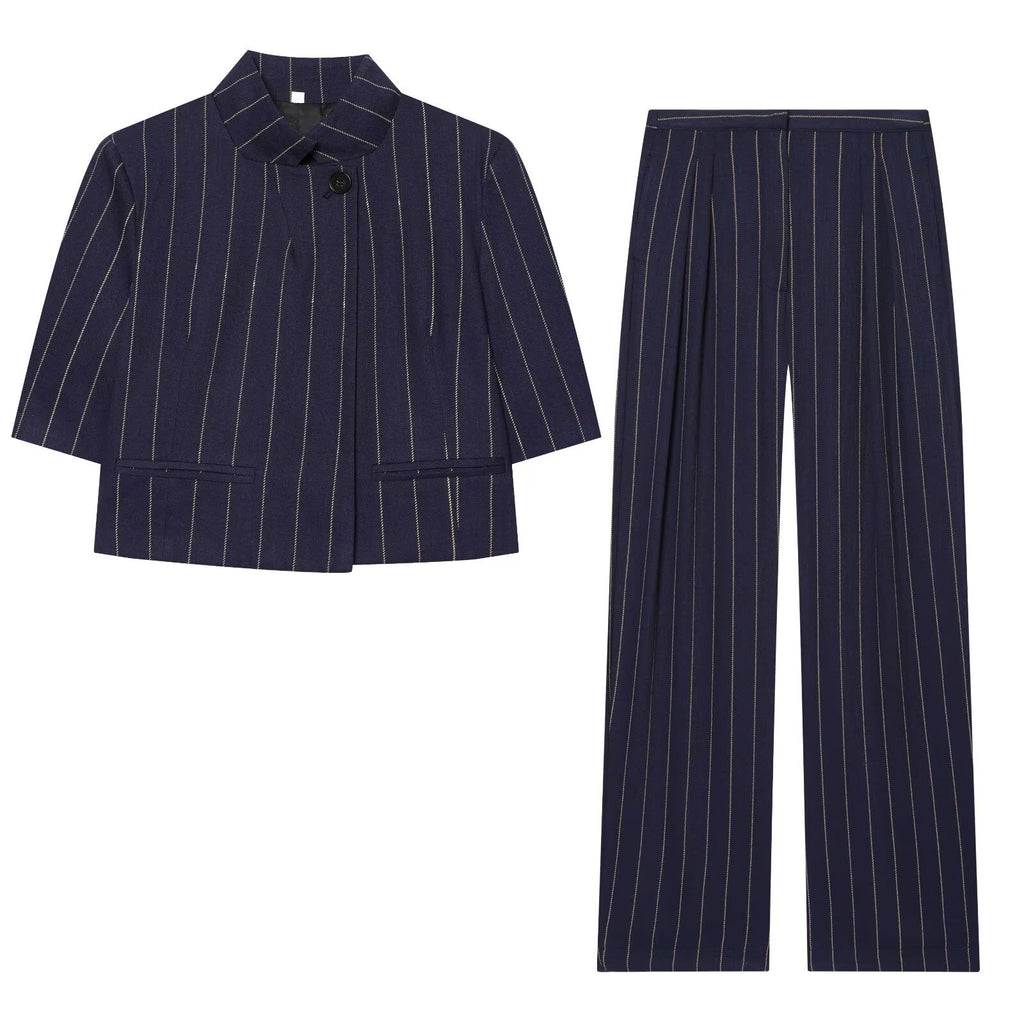 Linen striped jacket+striped pants set