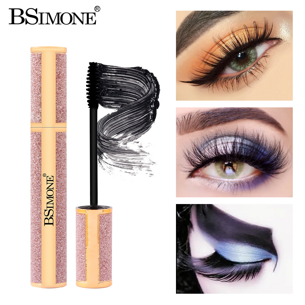 BSIMONE mascara in a sparkly rose-gold tube with a black wand and swirled black mascara, plus eye makeup examples.