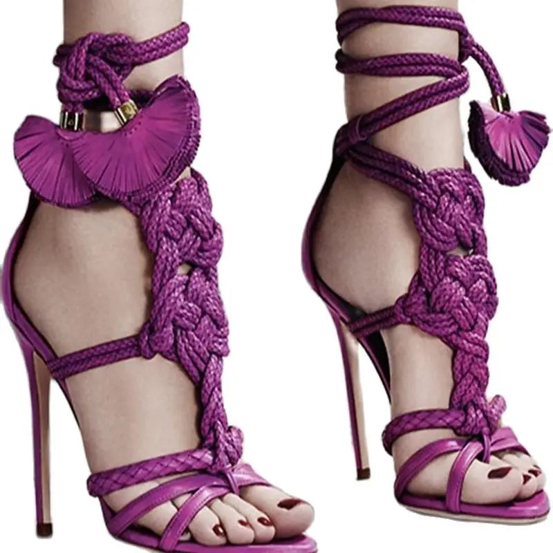 Plush Fashion Hub braided stiletto lace-up heels with open toe design and high heel for stylish summer footwear.