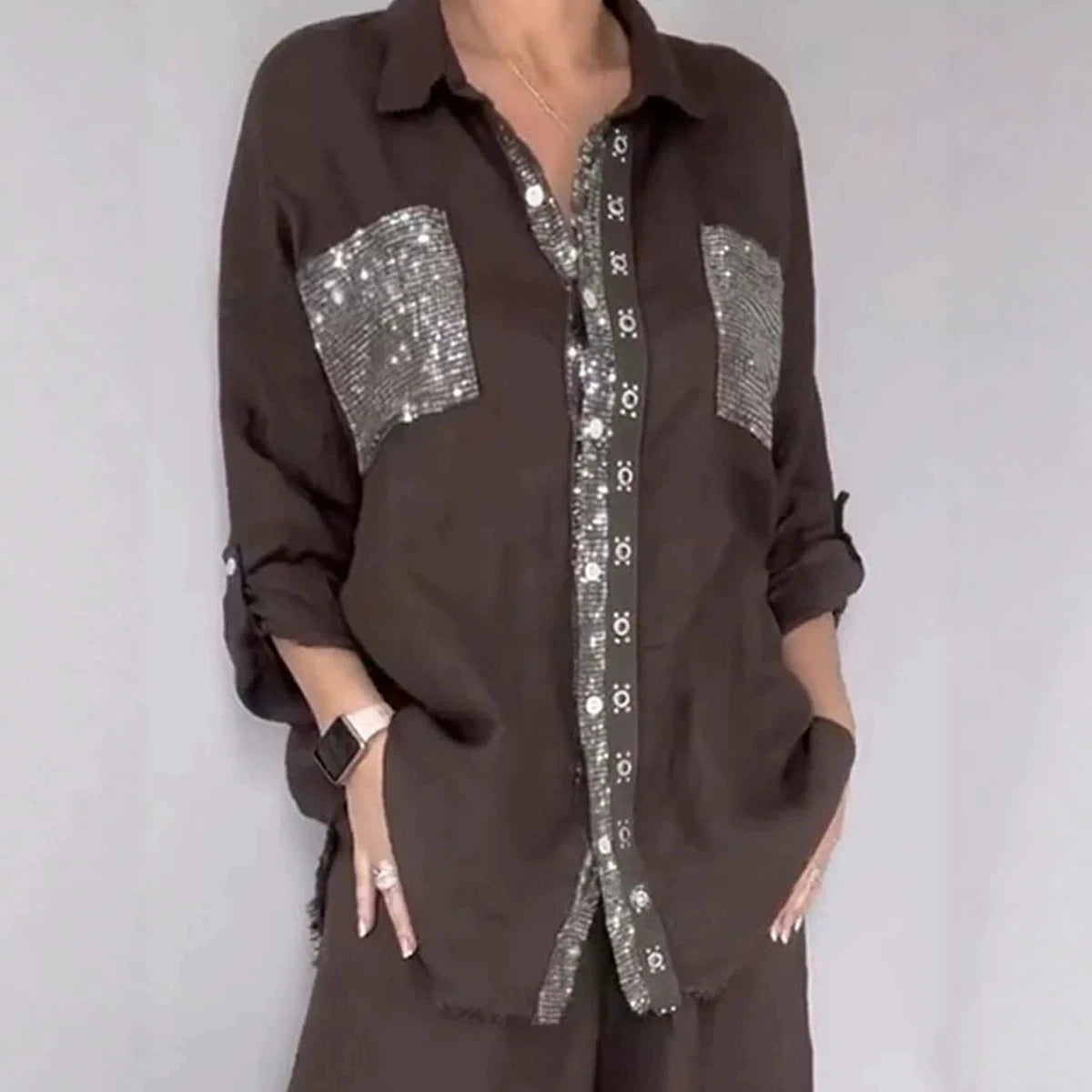 Eprolo women's casual jumpsuit with pocket placket and gold-embellished round neck, stylish and comfortable for everyday wear.