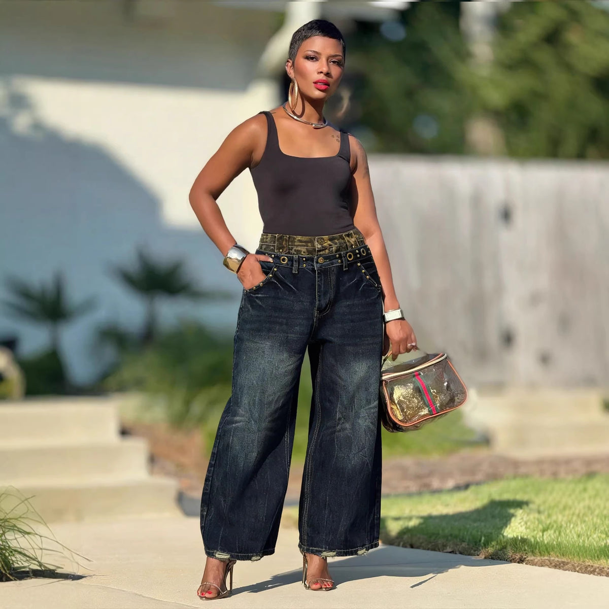 Eprolo distressed washed denim pants with leopard print waistband, stylish and trendy women's casual pants.