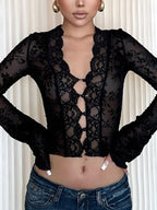 Shopimist lace detail long sleeve top featuring intricate lace accents and a fitted silhouette, ideal for stylish everyday wear.