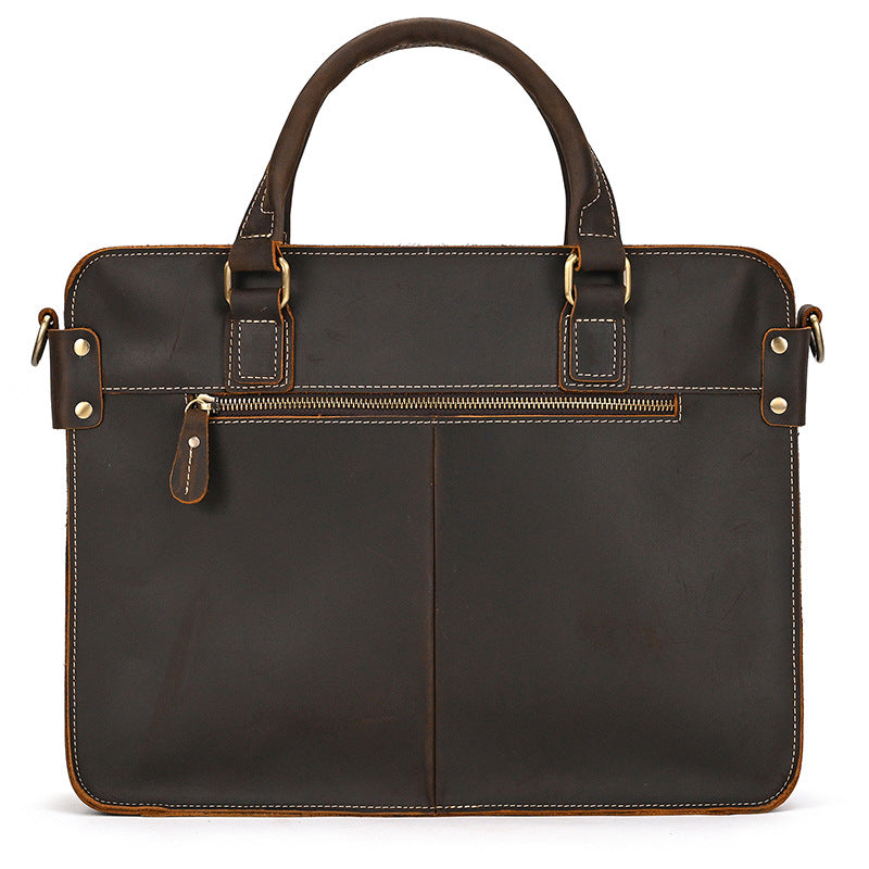 Retro Crazy Horse leather briefcase by Plush Fashion Hub with 14-inch size, featuring a vintage-style commuter business design.