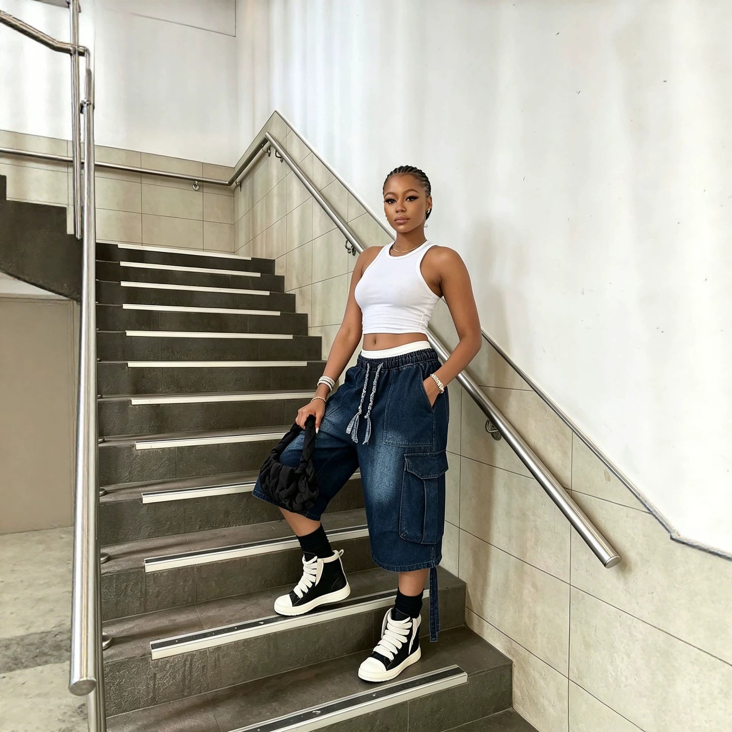 Washed denim casual pants for women with elastic waistband and drawstring from Plush Fashion Hub, comfortable and stylish for everyday wear.