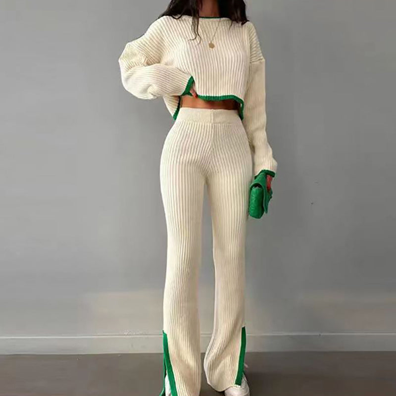 Women’s casual color-block two-piece set by Plush Fashion Hub, featuring a stylish top and matching pants in vibrant hues.