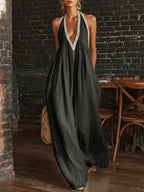 Full size Shopimist halter neck lace trim wide leg jumpsuit, plus size, stylish and elegant fashion outfit.