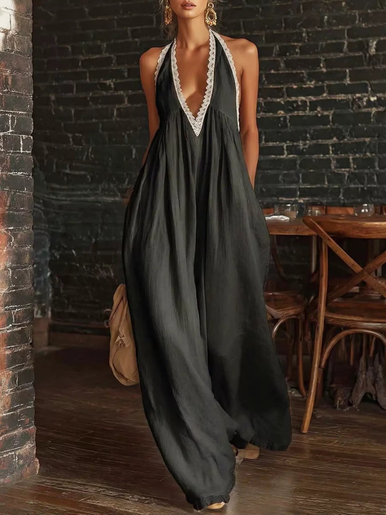 Full size Shopimist halter neck lace trim wide leg jumpsuit, plus size, stylish and elegant fashion outfit.