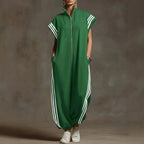 Fashionable Stripe Zipper Stand Collar Jumpsuit for Spring and Summer