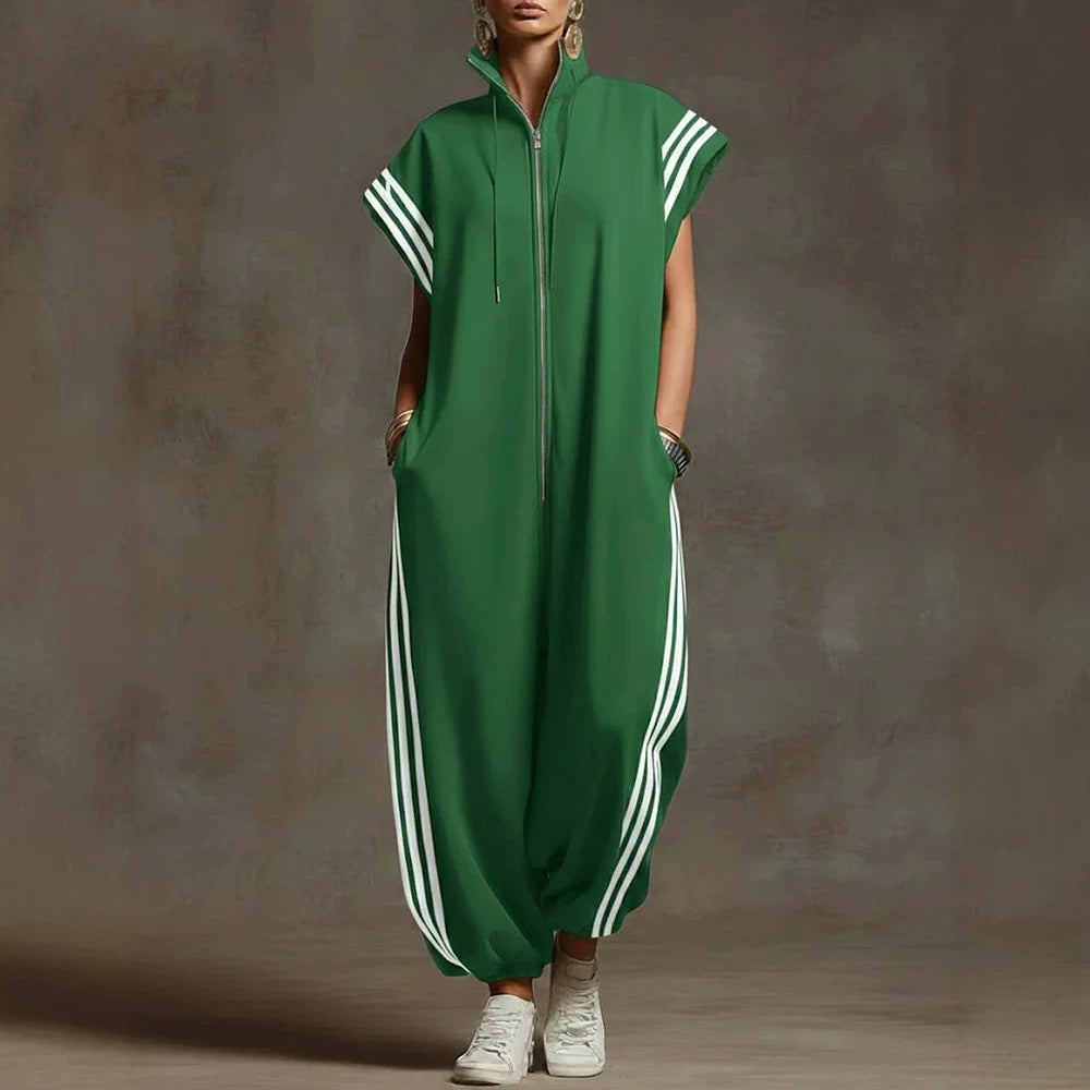 Striped zipper stand collar jumpsuit from Plush Fashion Hub, stylish outfit set with vertical stripe pattern and front zipper closure.