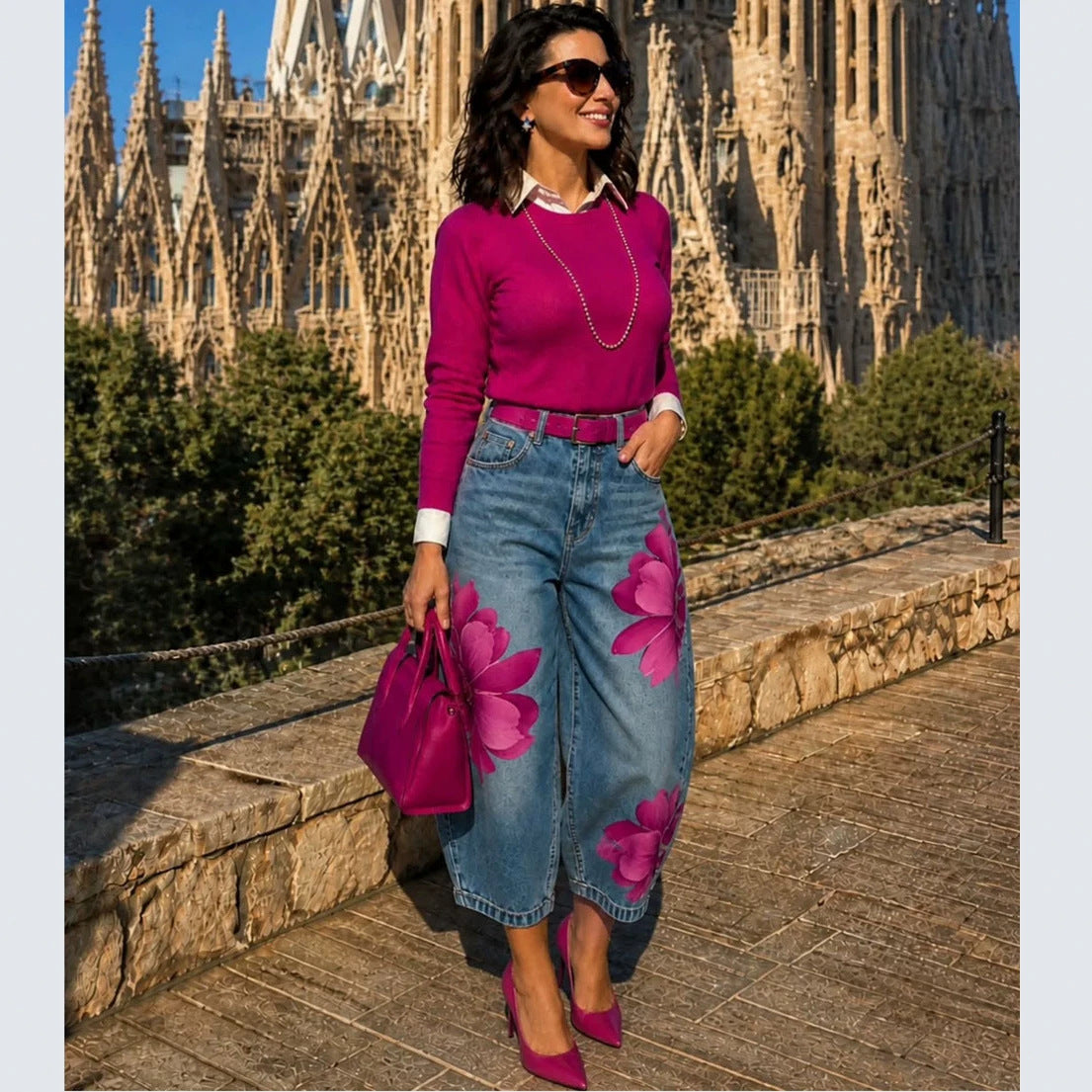 Women’s floral printed cropped denim jeans by Plush Fashion Hub featuring street style design and vibrant floral patterns.