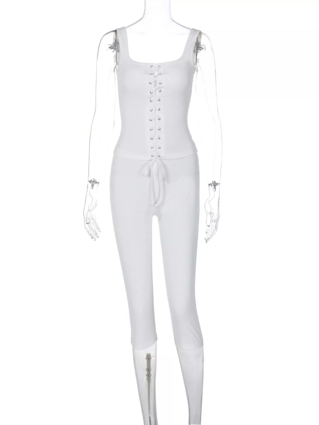 Shopimist lace-up tank top and capris set, featuring a stylish sleeveless top with lace-up details and matching fitted capris.
