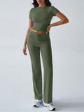 FitiqueFit crew neck short sleeve top and full-length pants set in solid color, displayed in a versatile two-piece outfit.
