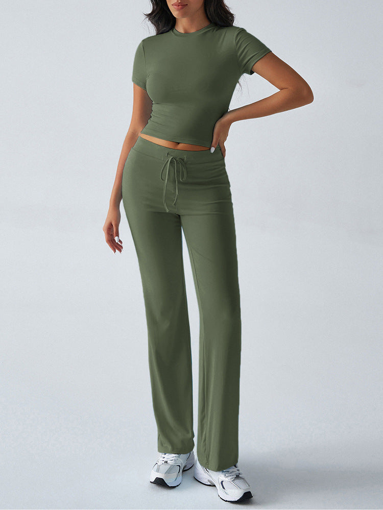 FitiqueFit crew neck short sleeve top and full-length pants set in solid color, displayed in a versatile two-piece outfit.