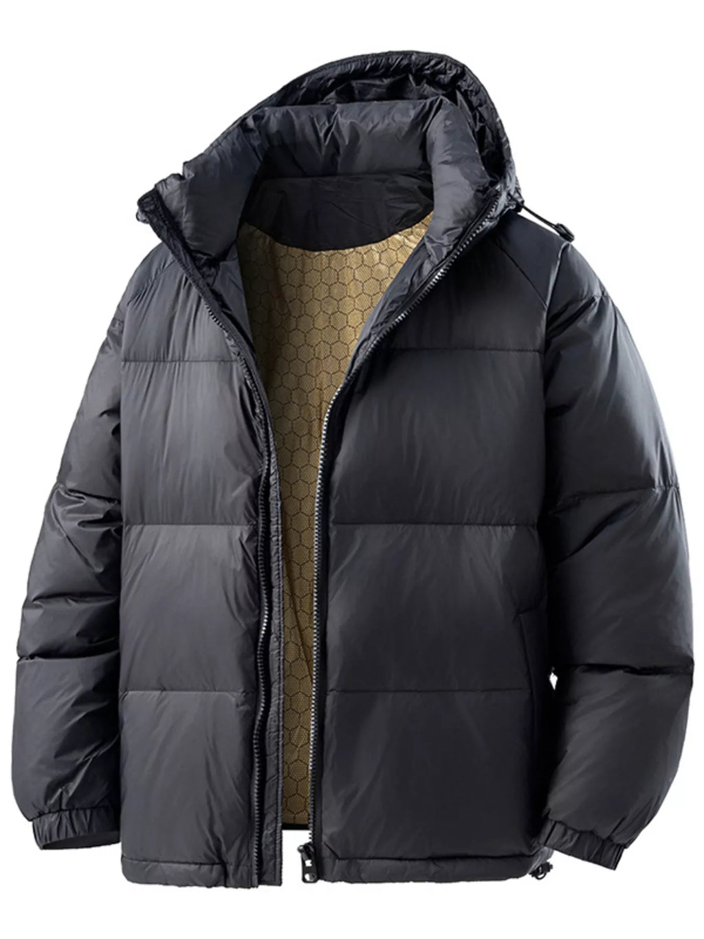 Men's full size padded hooded puffer jacket by Shopimist, showing the warm, insulated quilted design with a hood and front zipper.