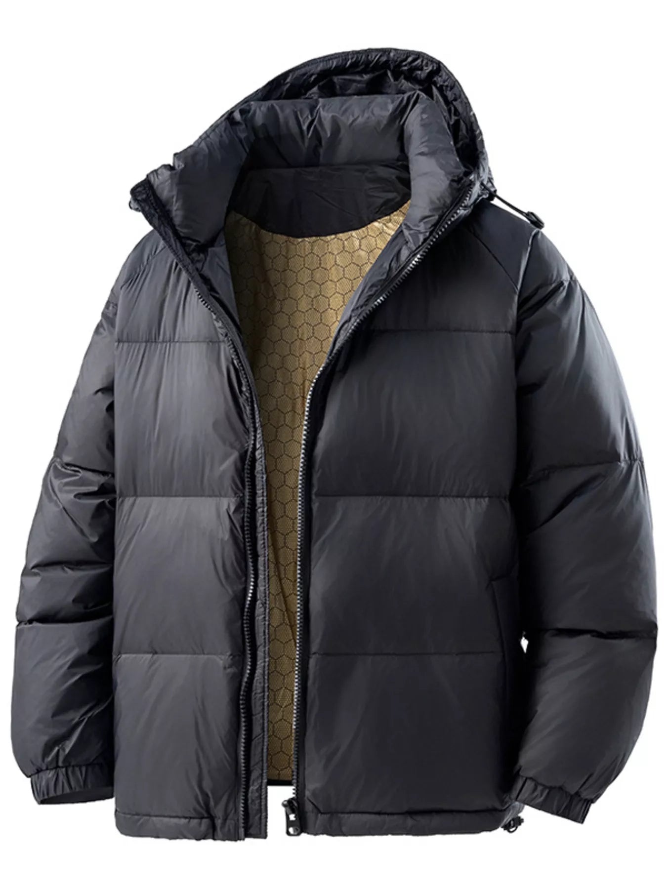 Men's full size padded hooded puffer jacket by Shopimist, showing the warm, insulated quilted design with a hood and front zipper.