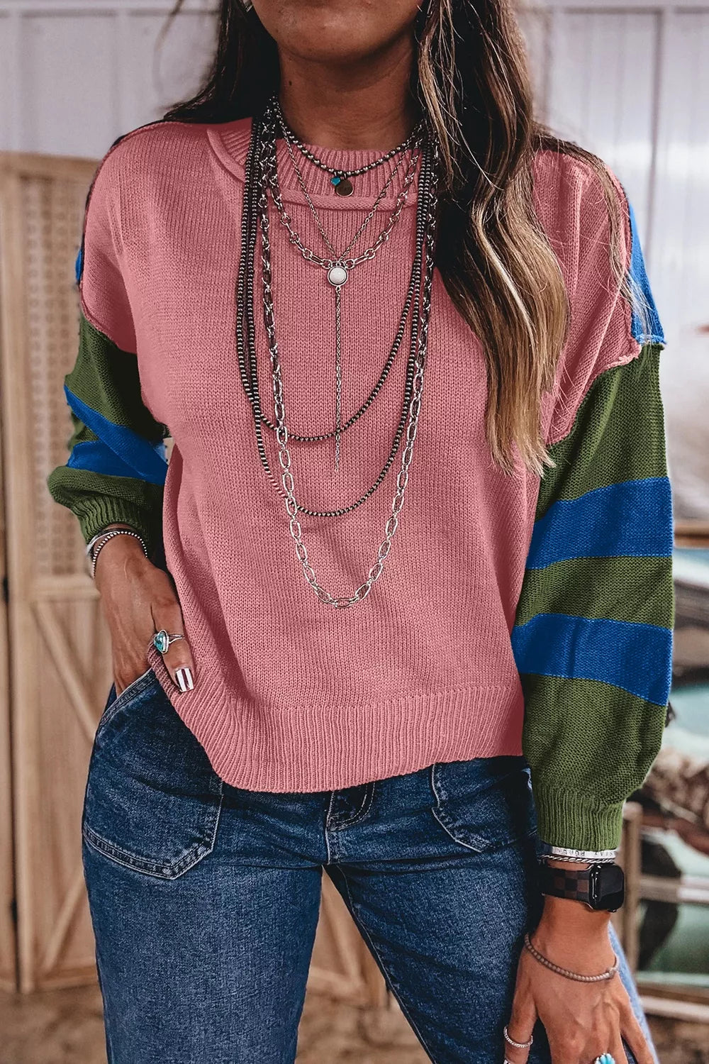 Multicolour Western colorblock patchwork striped long sleeve sweater, trendy shirt from Trendsi with vibrant color panels and striped design.