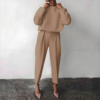 Women’s solid color 2-piece loungewear set with long sleeve top and pleated pants from Plush Fashion Hub, casualwear for relaxed style.