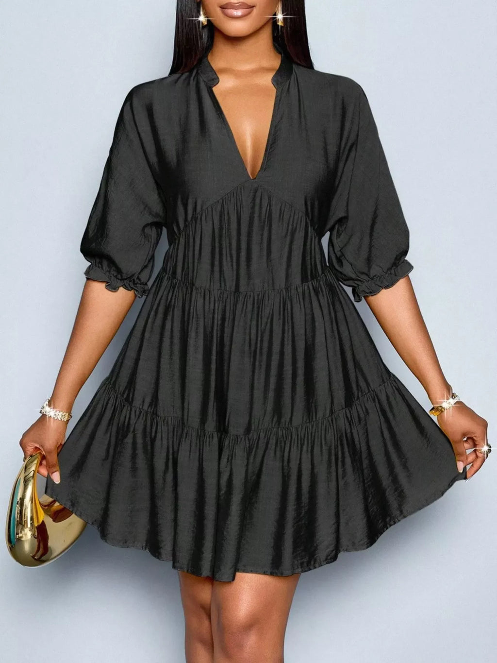 Notched half sleeve tiered dress by Shopimist featuring flowy fabric and layered design, perfect for casual or semi-formal occasions.