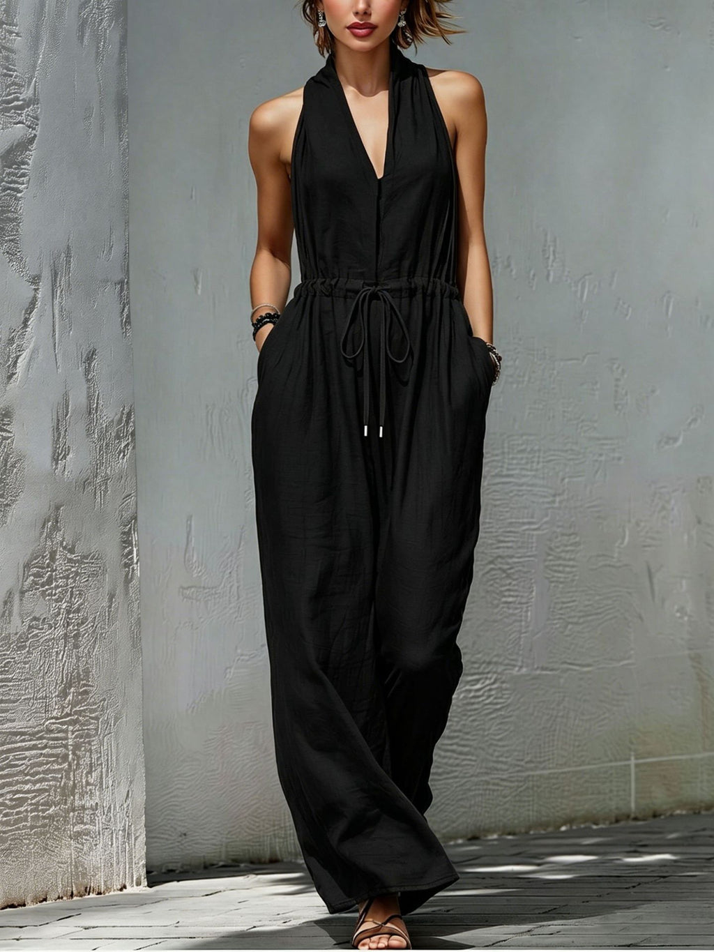 Women's sleeveless halter neck long jumpsuit in solid color, casualwear from Plush Fashion Hub, shown in a stylish full-length shot.