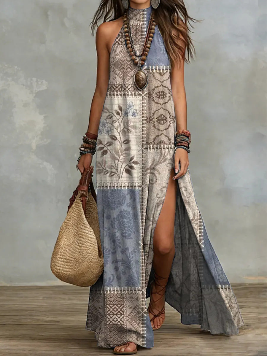 Women's sleeveless floral print maxi dress by FitiqueFit, featuring a split design and flowing fabric perfect for summer.