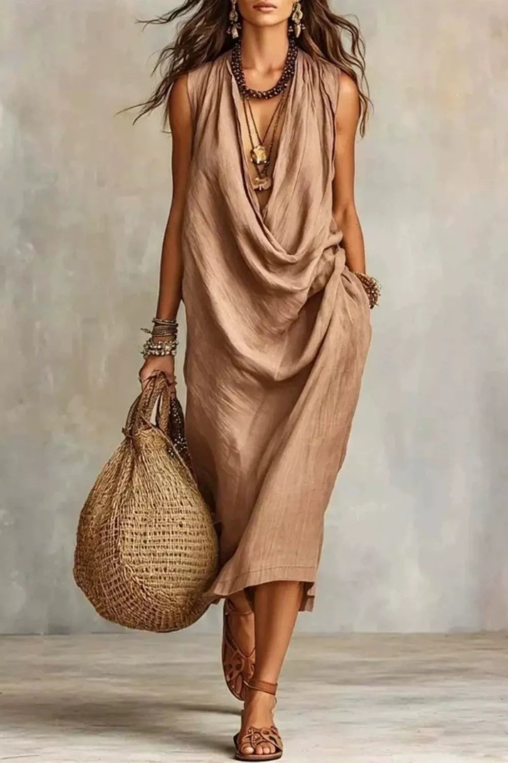 Sleeveless drape neck midi dress by Shopimist featuring a flowing silhouette and elegant design, perfect for stylish occasions.