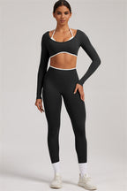 Fitglutes activewear long sleeve crop top and matching leggings 2-piece set, designed for gym and workout activities.