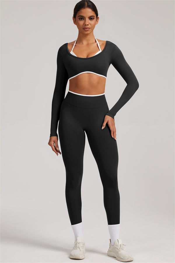 Fitglutes activewear long sleeve crop top and matching leggings 2-piece set, designed for gym and workout activities.