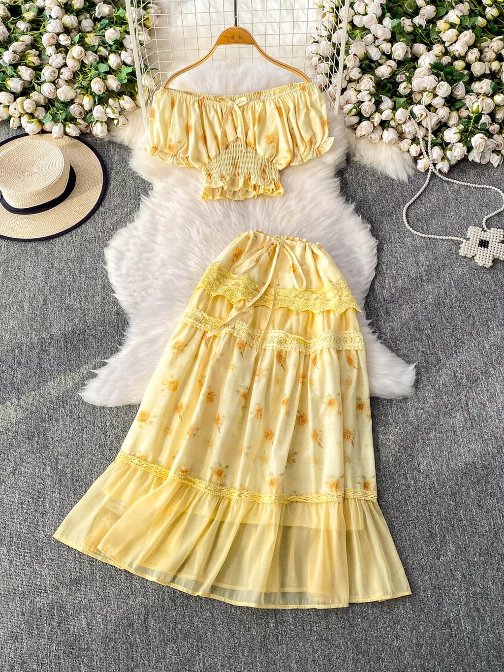 Smocked floral top and skirt set by Shopimist featuring a feminine design with vibrant flower patterns and lightweight fabric.
