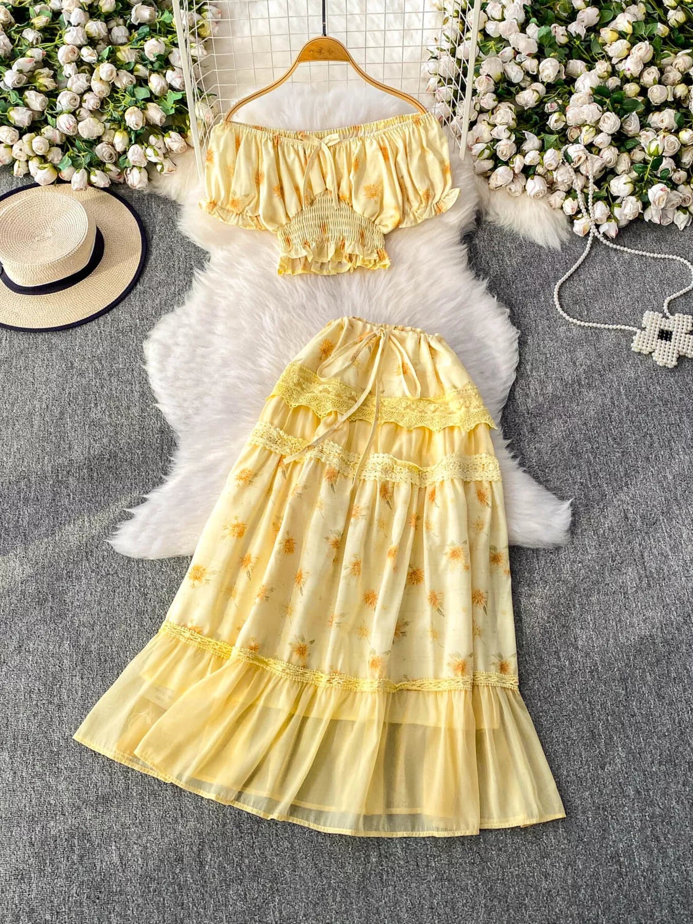 Plush Fashion Hub smocked floral top and skirt set, two-piece outfit with colorful floral pattern and ruffled details.