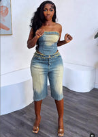 Women's Fashion Denim Set with Raw Hem Crop Top and High-Waisted Denim Shorts