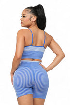 Seamless striped activewear top and biker shorts set by The House of Stylez, featuring a fitted, breathable design for workouts.
