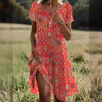 FitiqueFit ethnic print midi dress with scoop neck, geometric pattern, boho style, featuring colorful, flowing fabric.