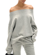 Shoulder Cut-Out Crop Top with Long Sleeve Matched with Flared Leg Wide-Leg Sweatpants