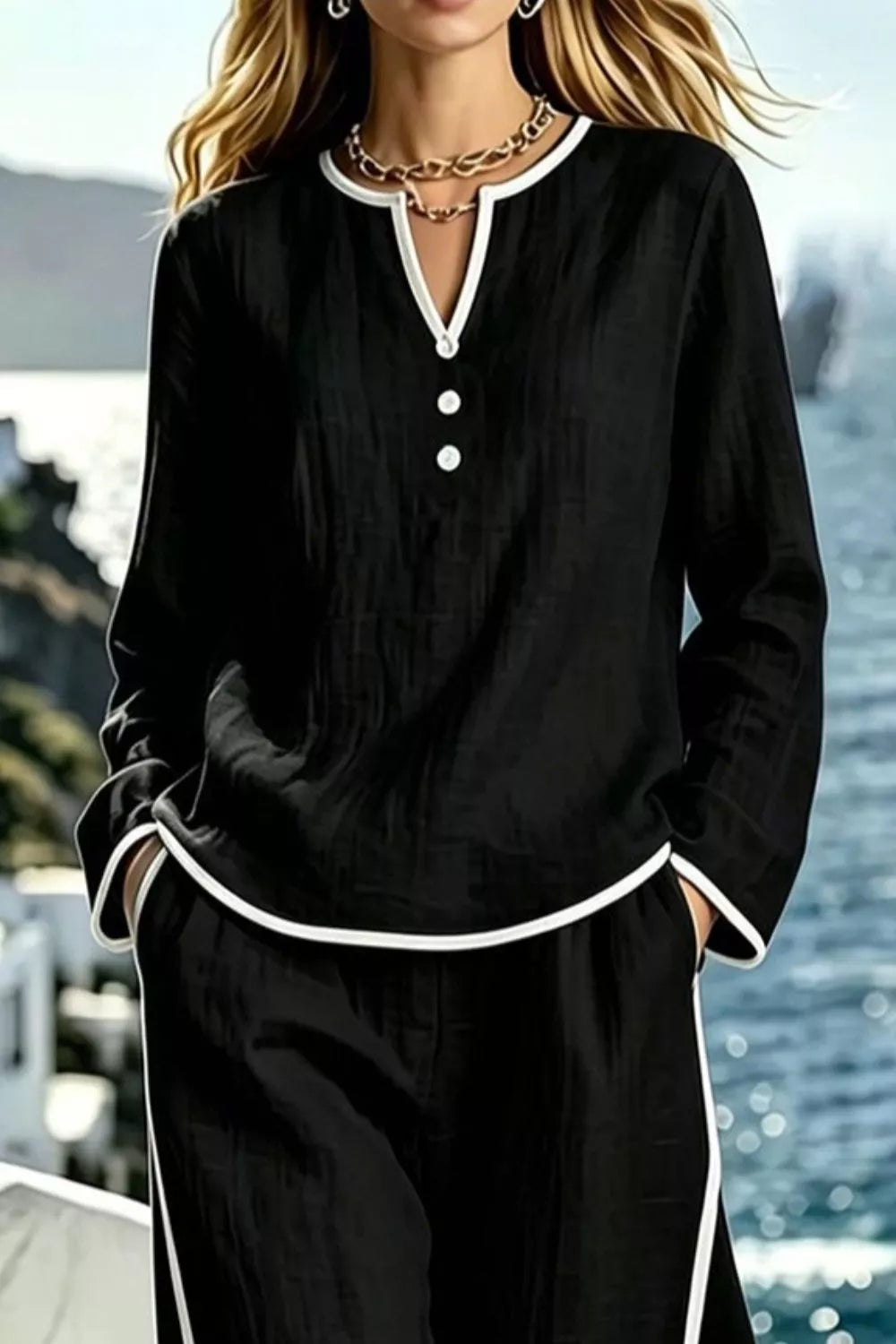 Plush Fashion Hub contrast trim long sleeve top and pants lounge set, soft fabric with stylish color accents, comfortable casual wear