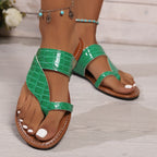 Crocodile-embossed thong sandals by Shopimist featuring sleek straps and a flat sole for casual summer wear.