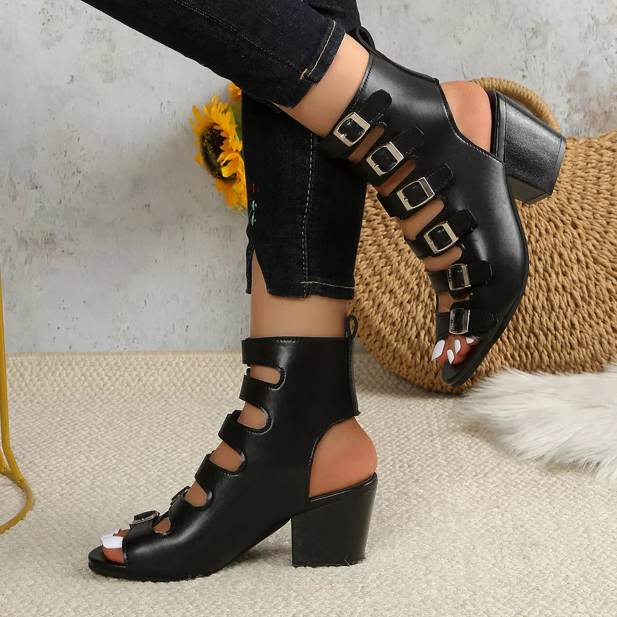 Shopimist buckle block heels sandals with chunky heels and stylish straps, perfect for casual or dressy occasions.