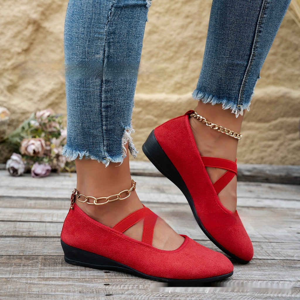 Plush Fashion Hub elastic band platform wedge pumps in various colors, EU sizes 35-43, showing stylish heel design.